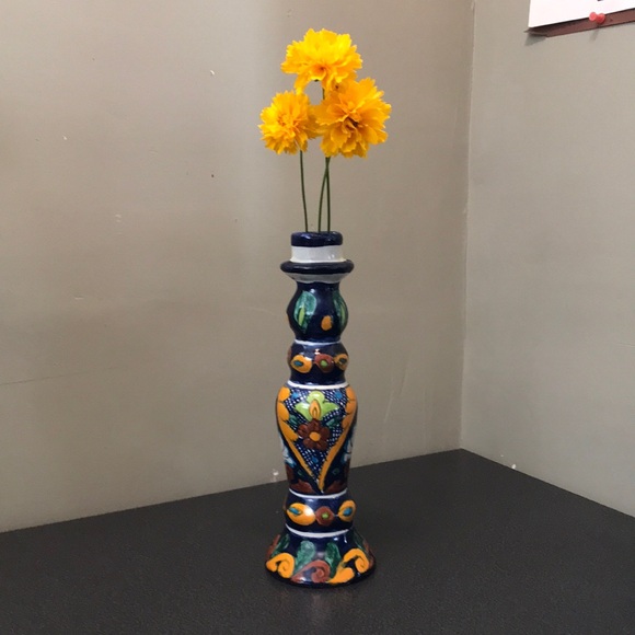 Talavera Hand Painted Mexican Folk Art Candlestick Candle Holder Beautiful Color - Picture 9 of 9